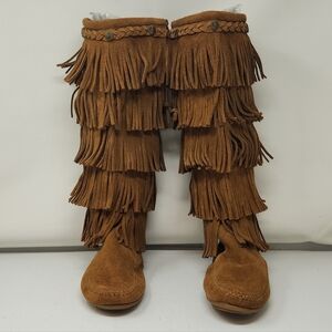Minnetonka 1658 Moccasins Knee High Brown Suede 5 Tier Fringe Zip Boots Size 10